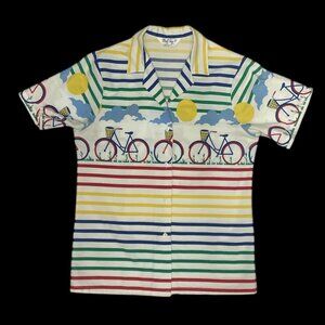 Vintage Cheryl Tiegs Women's Bicycle Print Beachy Rainbow SS Shirt Size 8 Multic